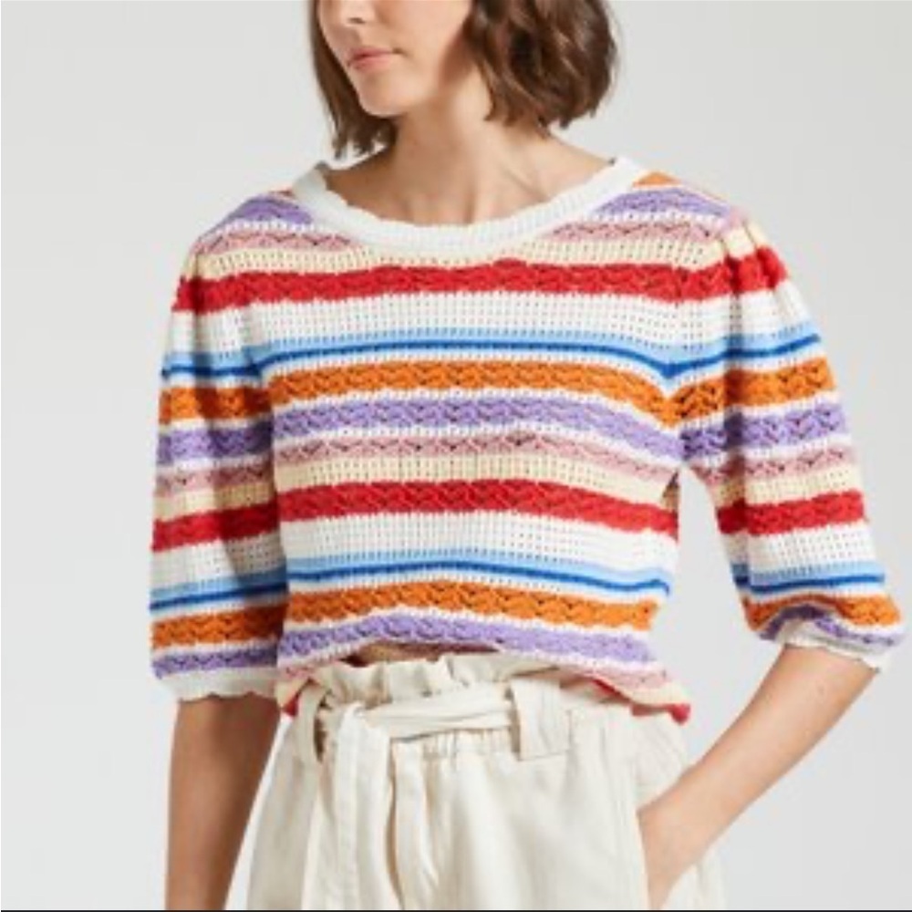 SUNCOO multicolor striped crochet short sleeve blouse T0 XS vacation beach